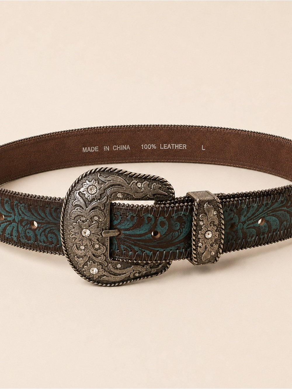 Western Tooled Leather Belt with Turquoise Accents and Ornate Silver Buckle